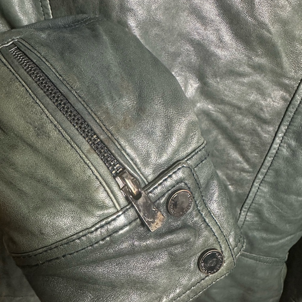 Women's S Leather Jacket Zip Moto Green Distressed - Picture 7 of 8
